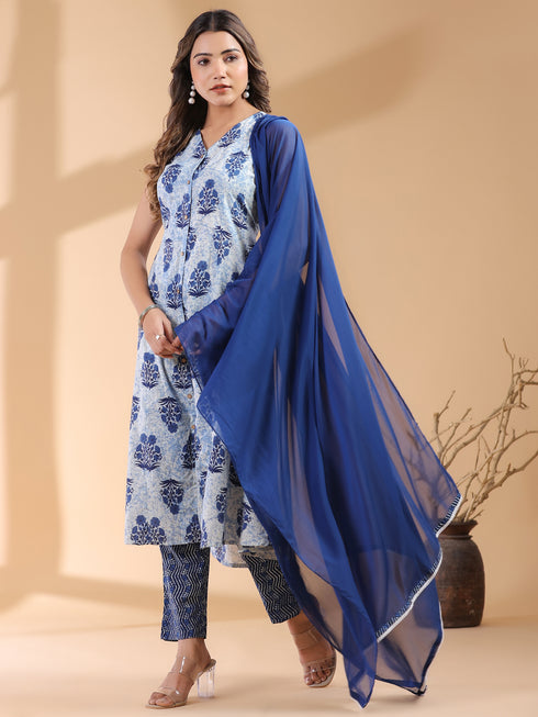 Indigo Pure Cotton Floral Printed A-line Kurta Set